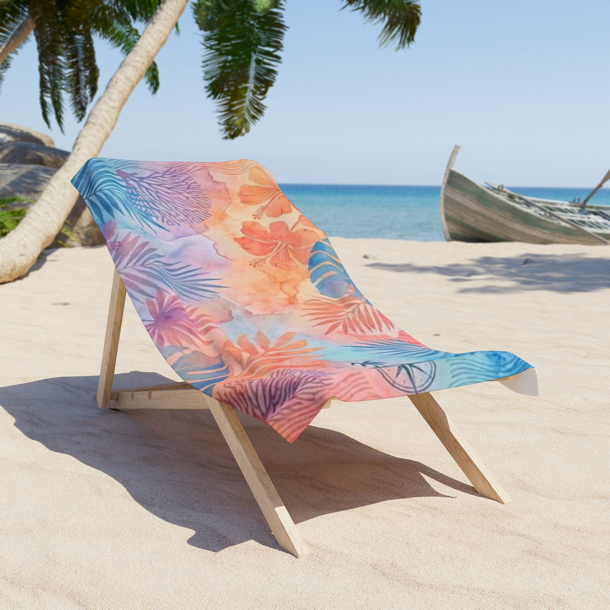 Tropical Watercolor Beach Towel – Pastel Palm & Hibiscus Nautical Design