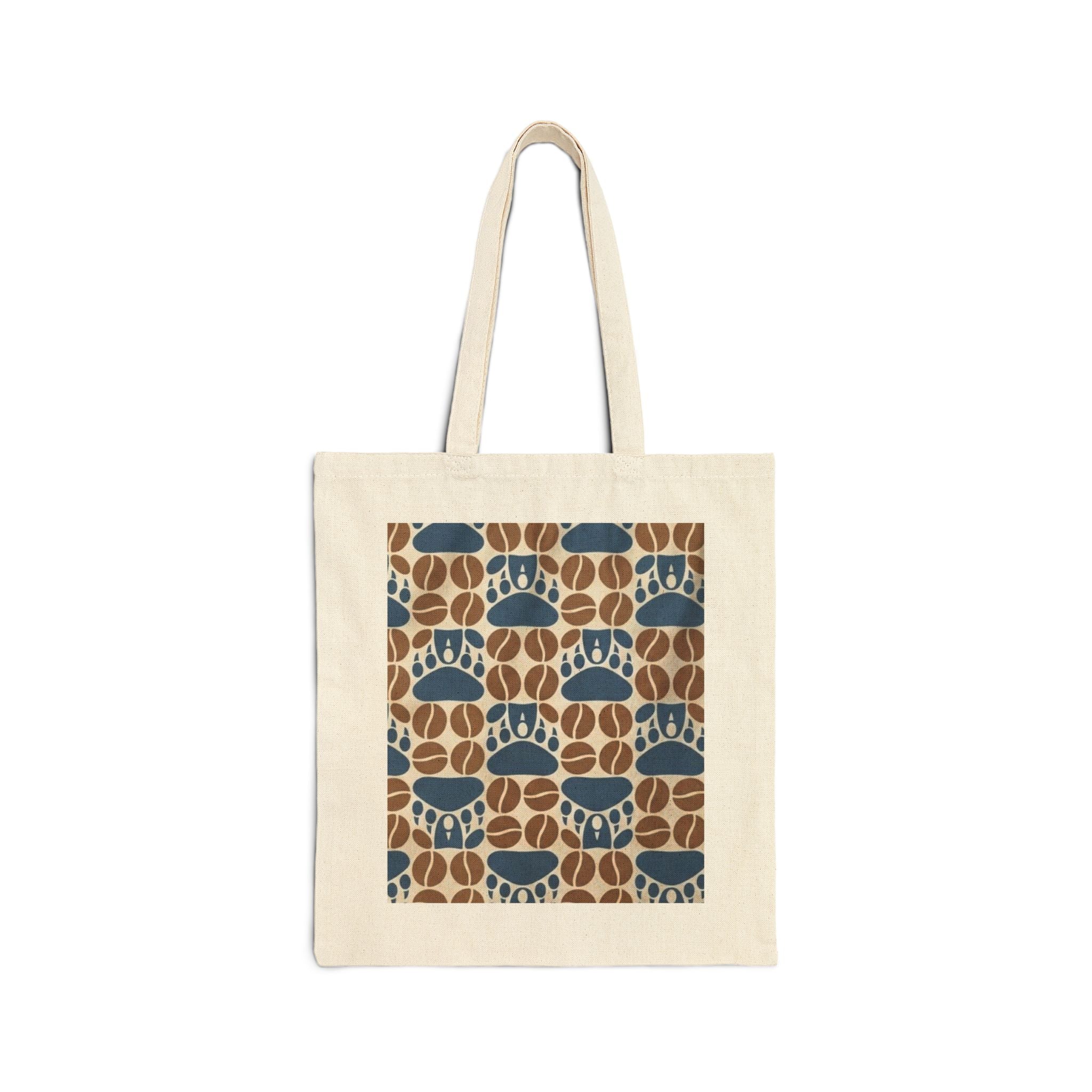 Canvas Tote Bag — Blue & Brown Retro Paw Print Pattern