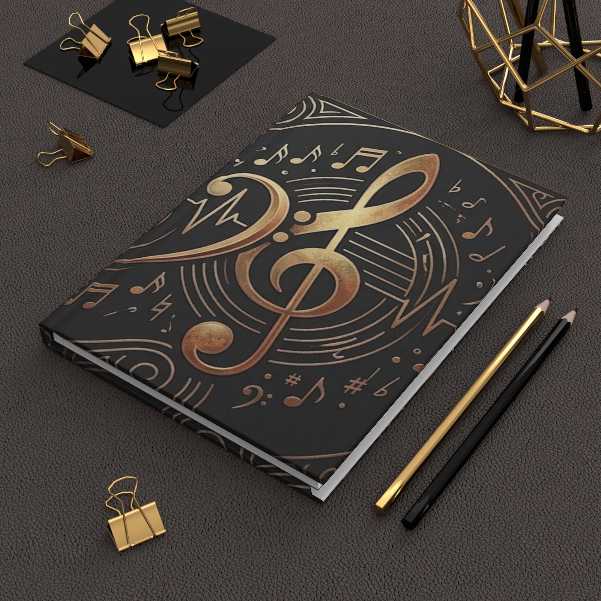 Music Notes Hardcover Journal — Gold Treble Clef Matte Notebook for Musicians & Songwriters