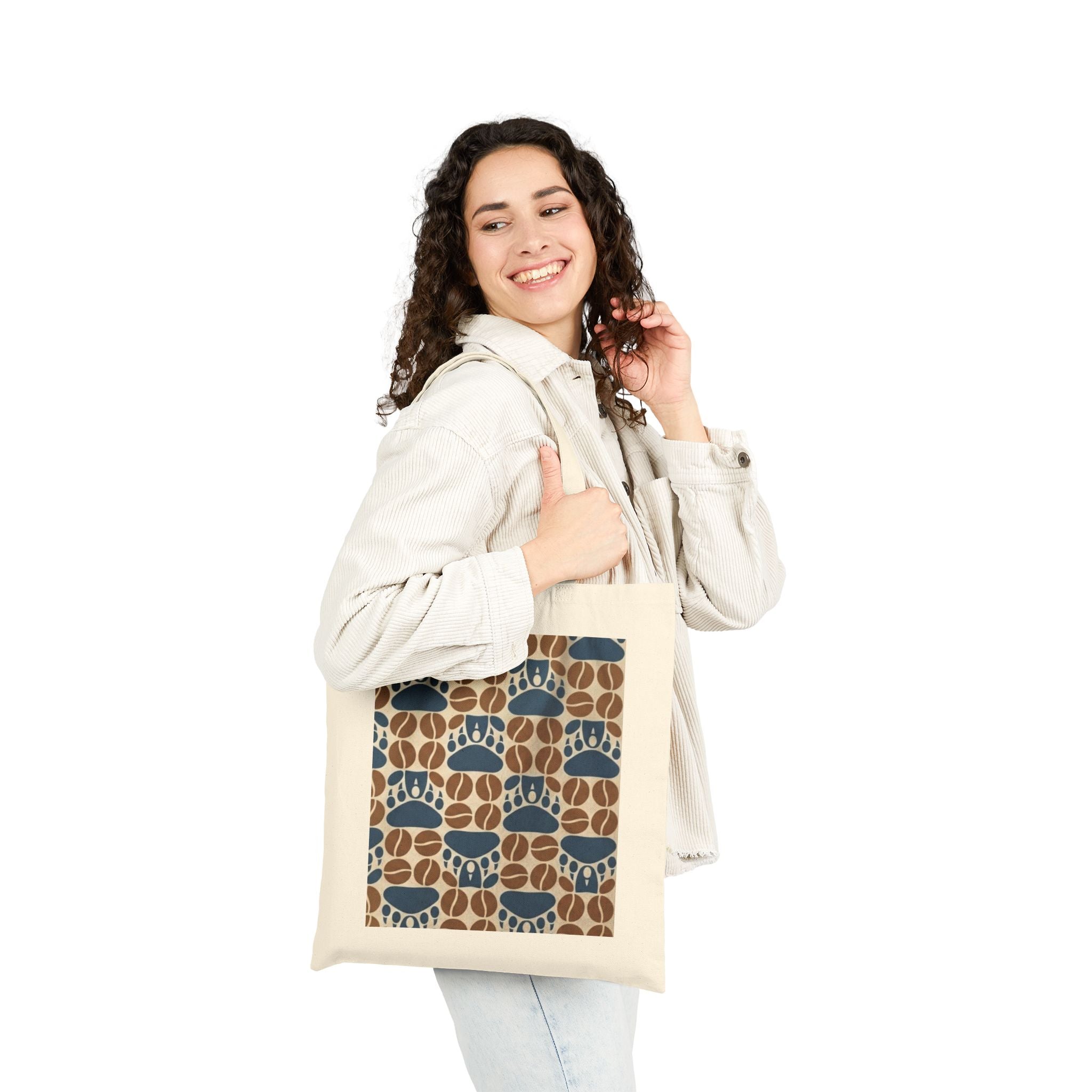 Canvas Tote Bag — Blue & Brown Retro Paw Print Pattern