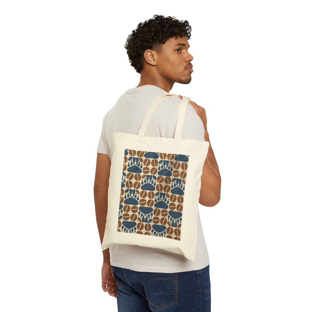 Canvas Tote Bag — Blue & Brown Retro Paw Print Pattern