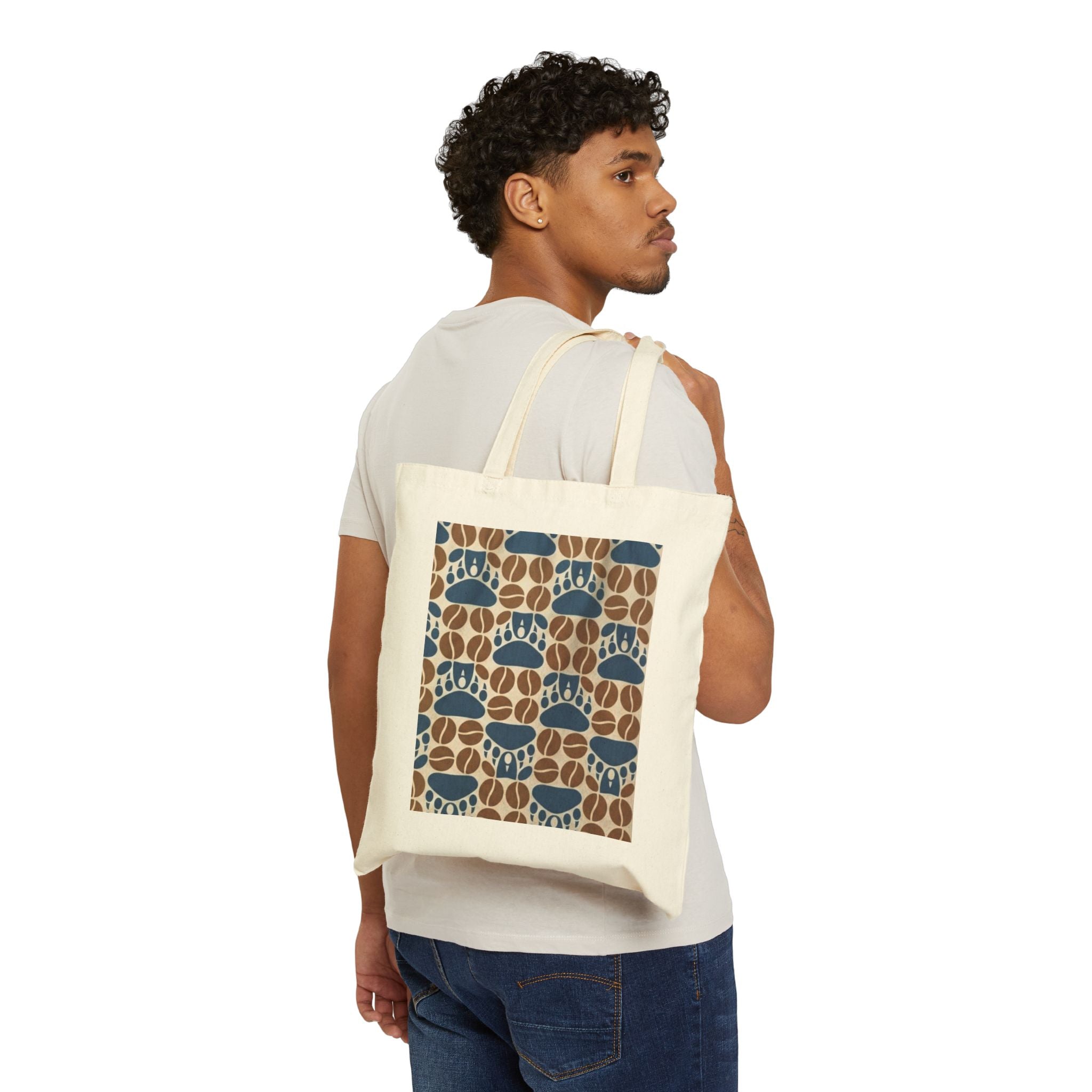 Canvas Tote Bag — Blue & Brown Retro Paw Print Pattern