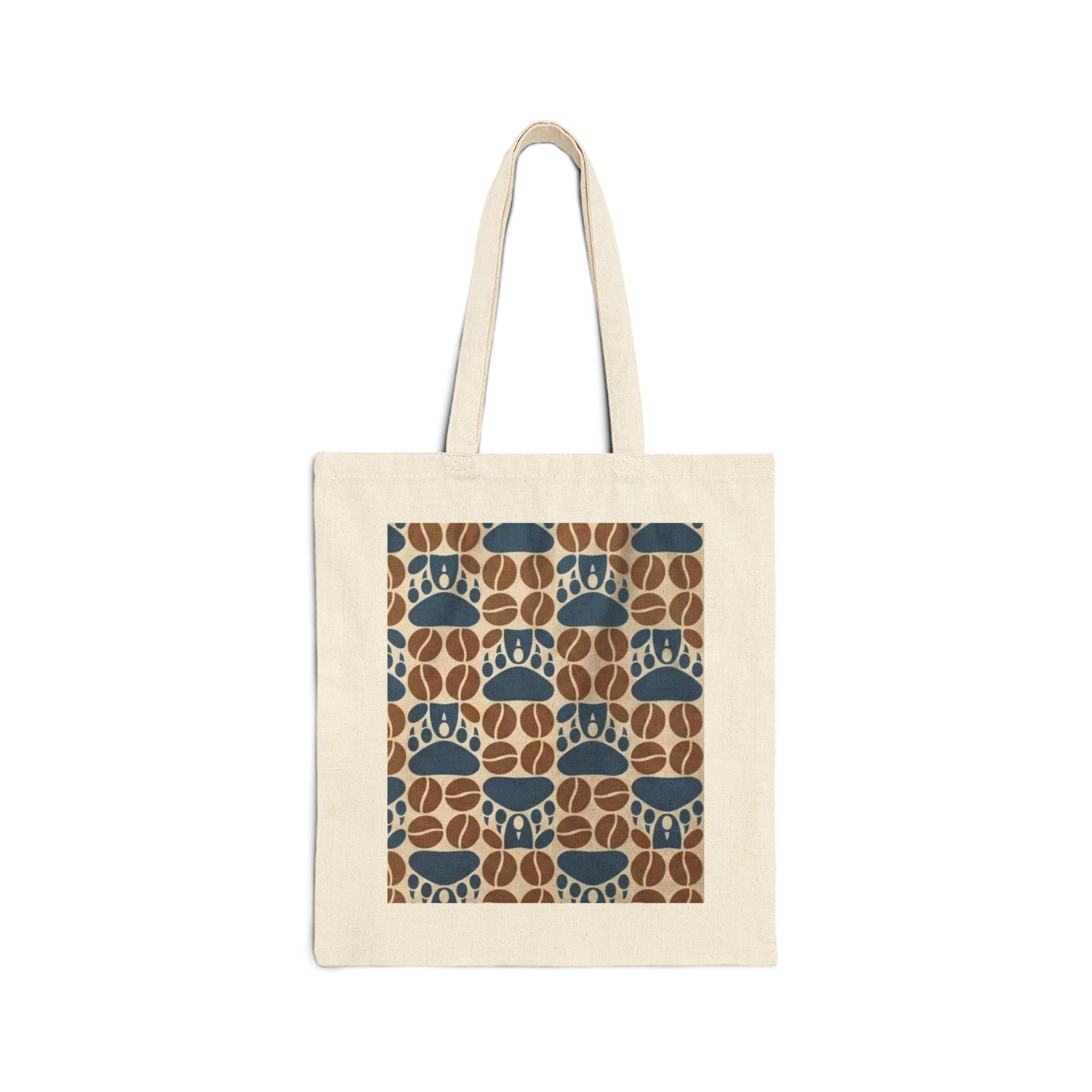 Canvas Tote Bag — Blue & Brown Retro Paw Print Pattern